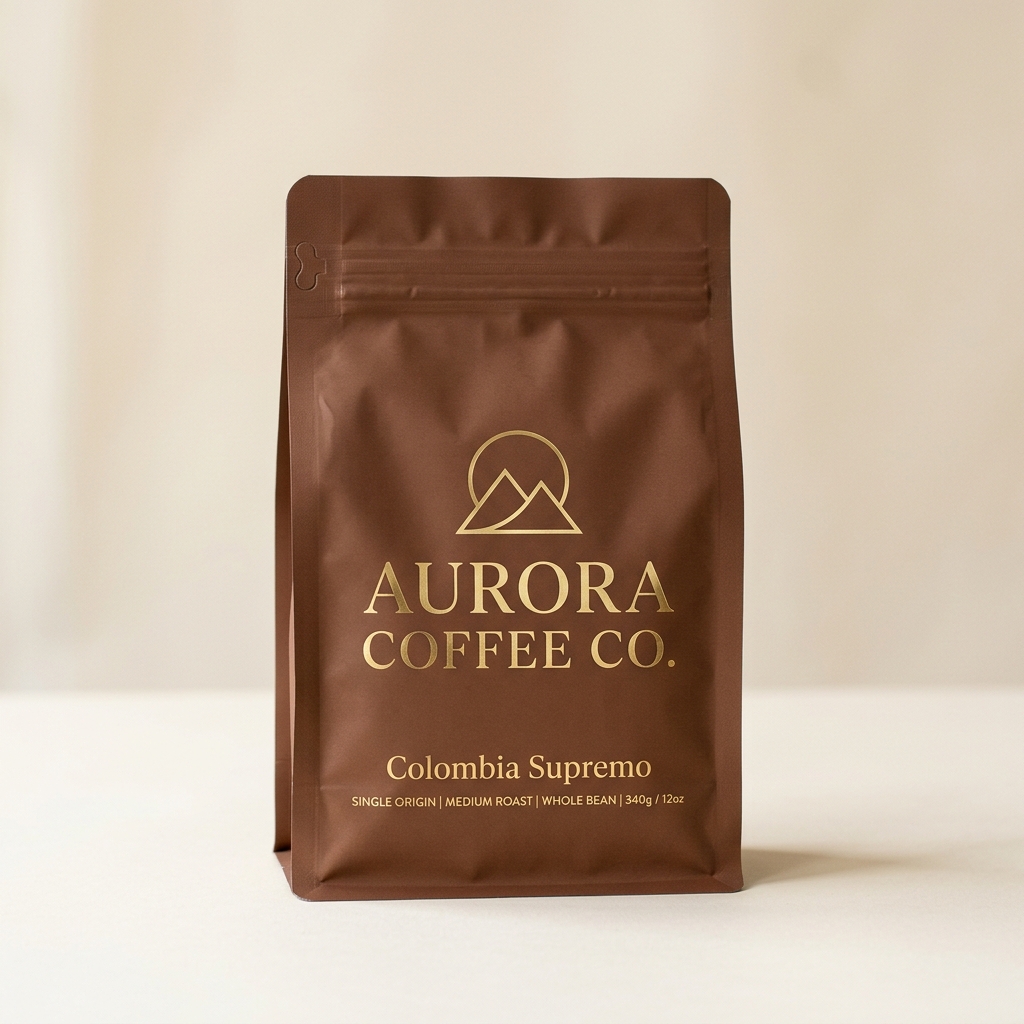 Brown minimal Tamil Nadu-Based Coffee bag mockup of Colombia Supremo specialty coffee