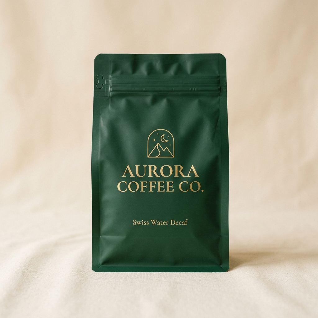 Dark green minimal Tamil Nadu-Based Coffee bag mockup of Swiss Water Decaf specialty coffee