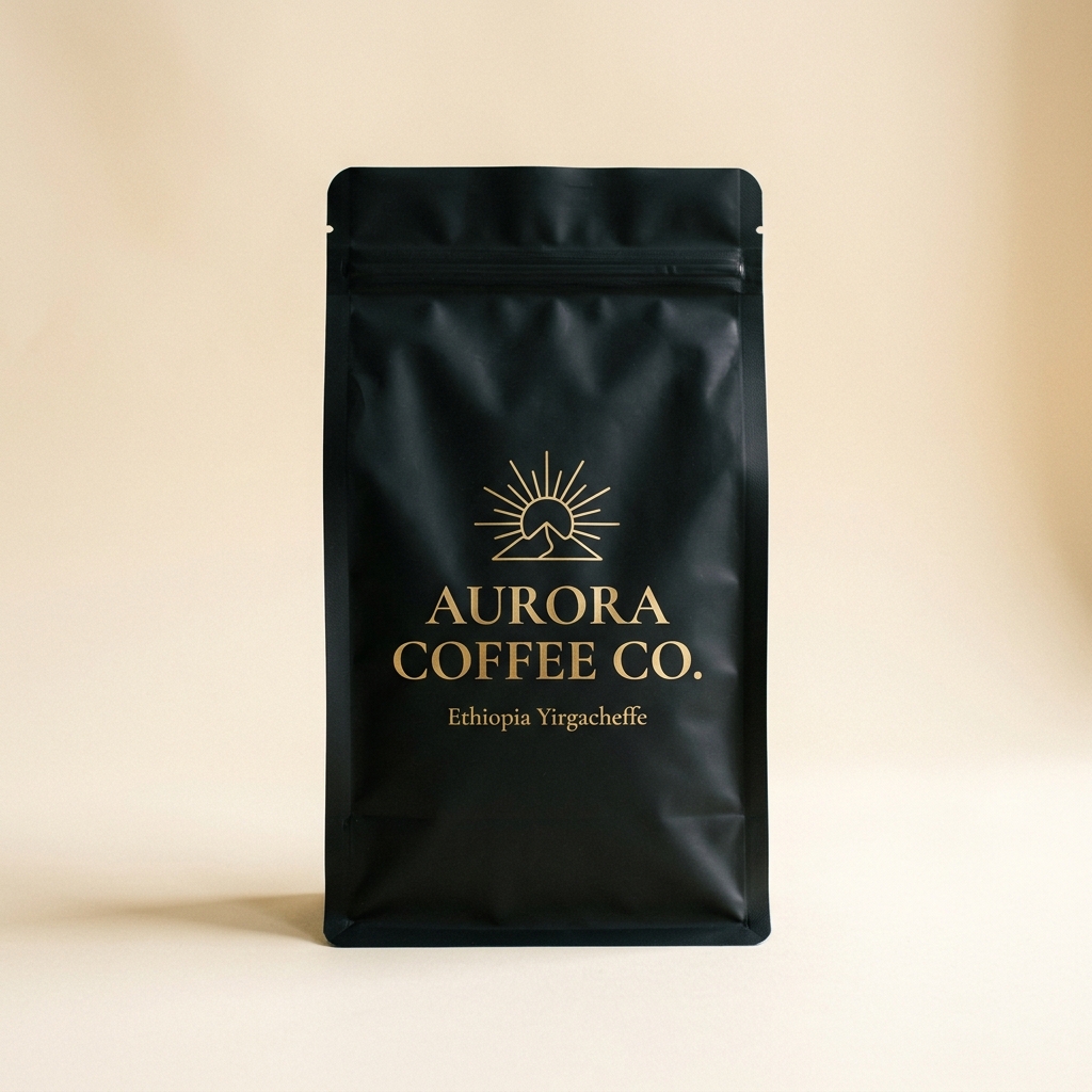 Black minimal Tamil Nadu-Based Coffee bag mockup of Ethiopia Yirgacheffe specialty coffee